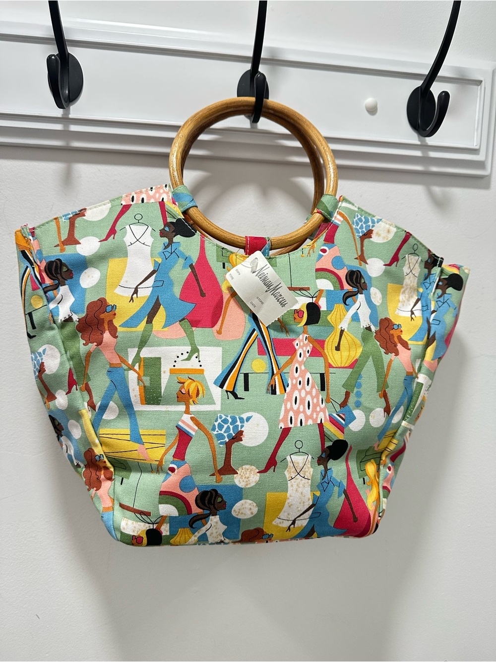 Neiman Marcus Mint Multi Patterned Canvas Tote with Wooden Rings